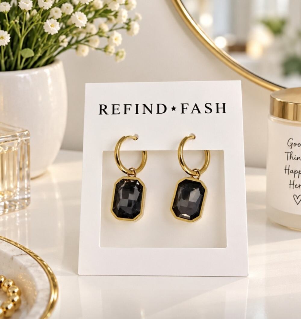 18K Plated Over Titanium Steel Smokey Gray Gemstone Earrings New